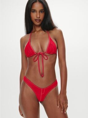 Frankie’s Bikinis Red Denim Bikini SET Sexy Full Moon Paradise Halter Large